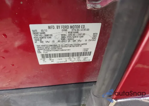 2012 Ford Explorer Xlt из США, поврежденный, VIN 1FMHK7D96CGB02151